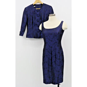 Maggy London Sheath Dress w matching Jacket Size 6 Blue with Black Lace Print